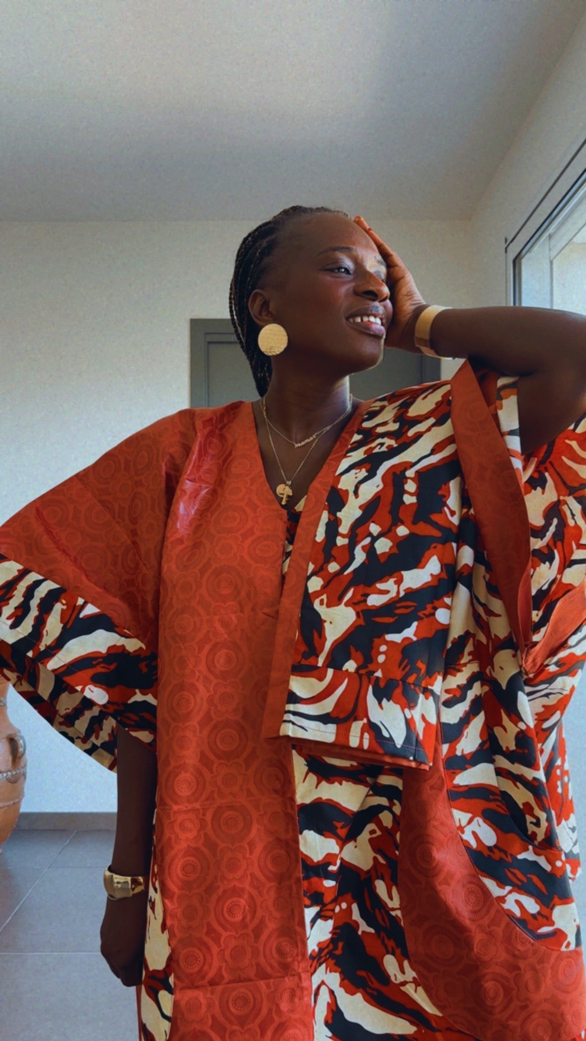 Boubou  africain en Wax tunique africaine fait main en coton Wax et Bazin bicolore avec poches