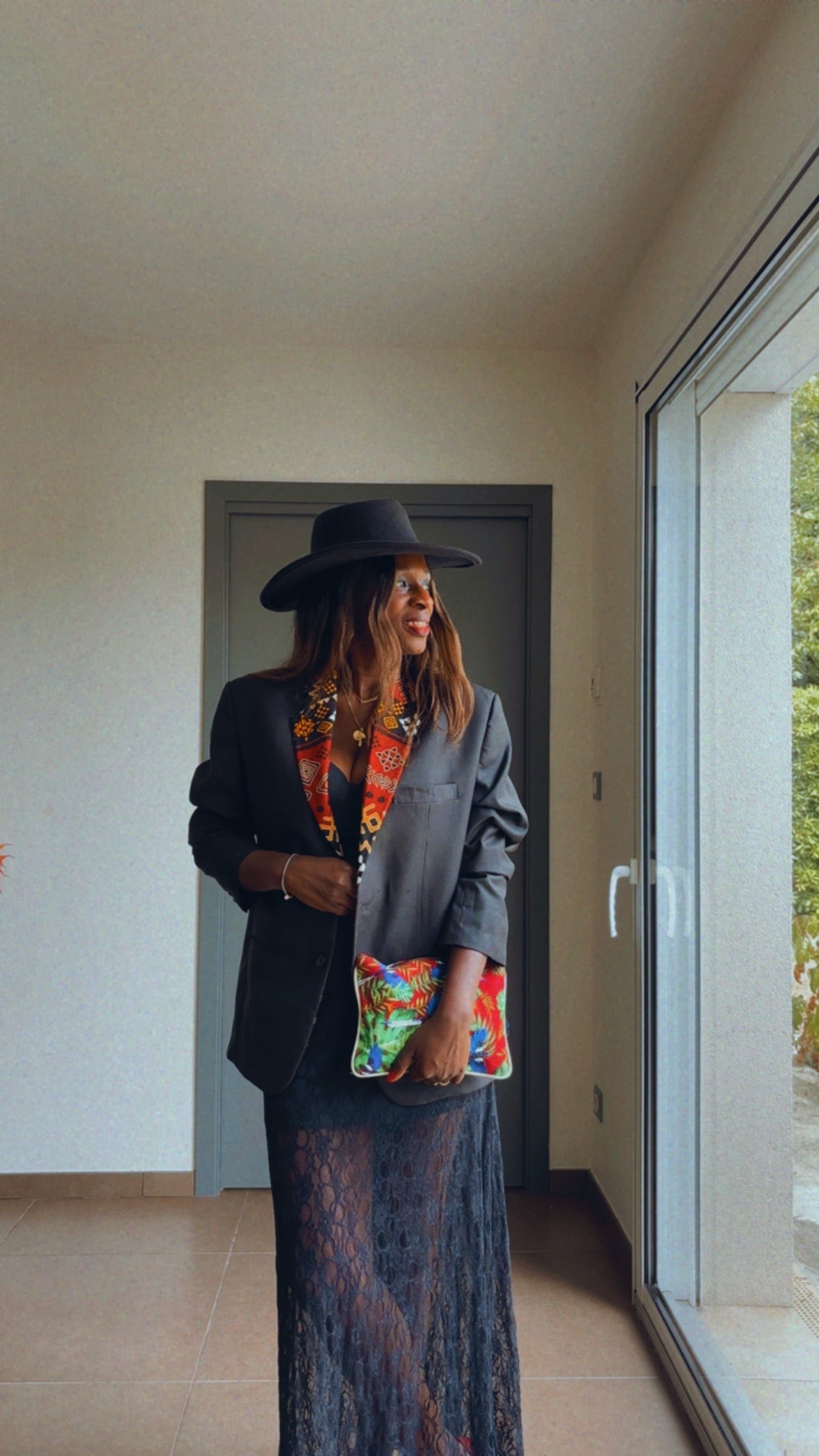 Veste blazer oversize africain noir et revers Wax