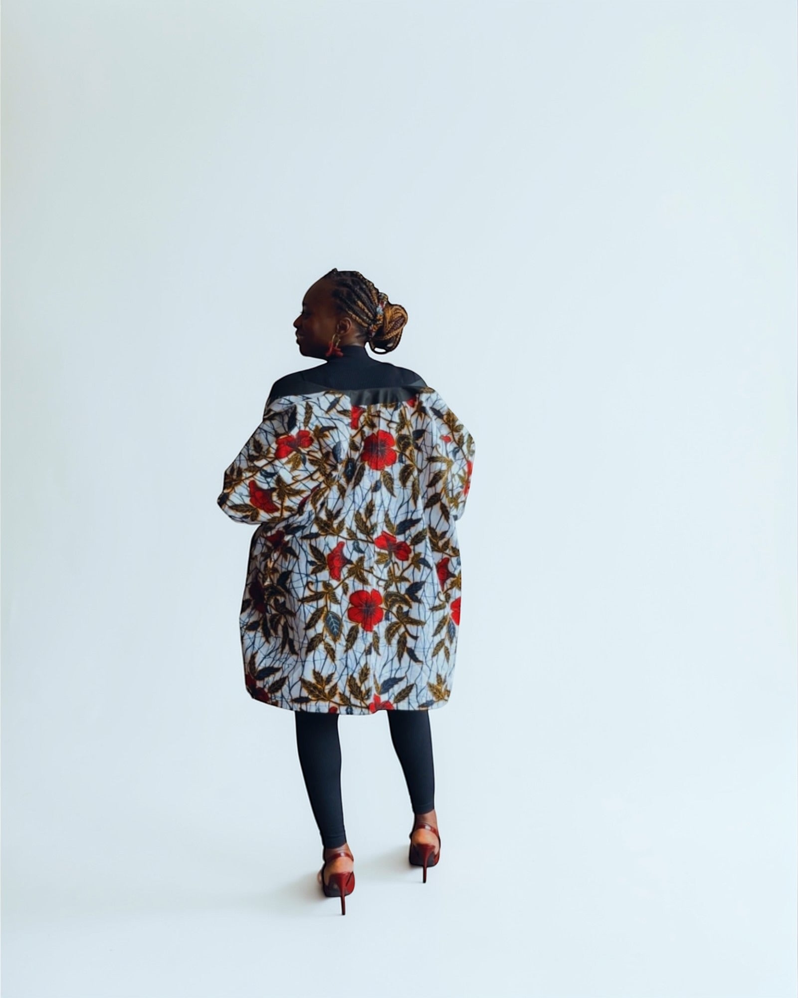 Veste Kimono en Wax motif hibiscus mi long rouge