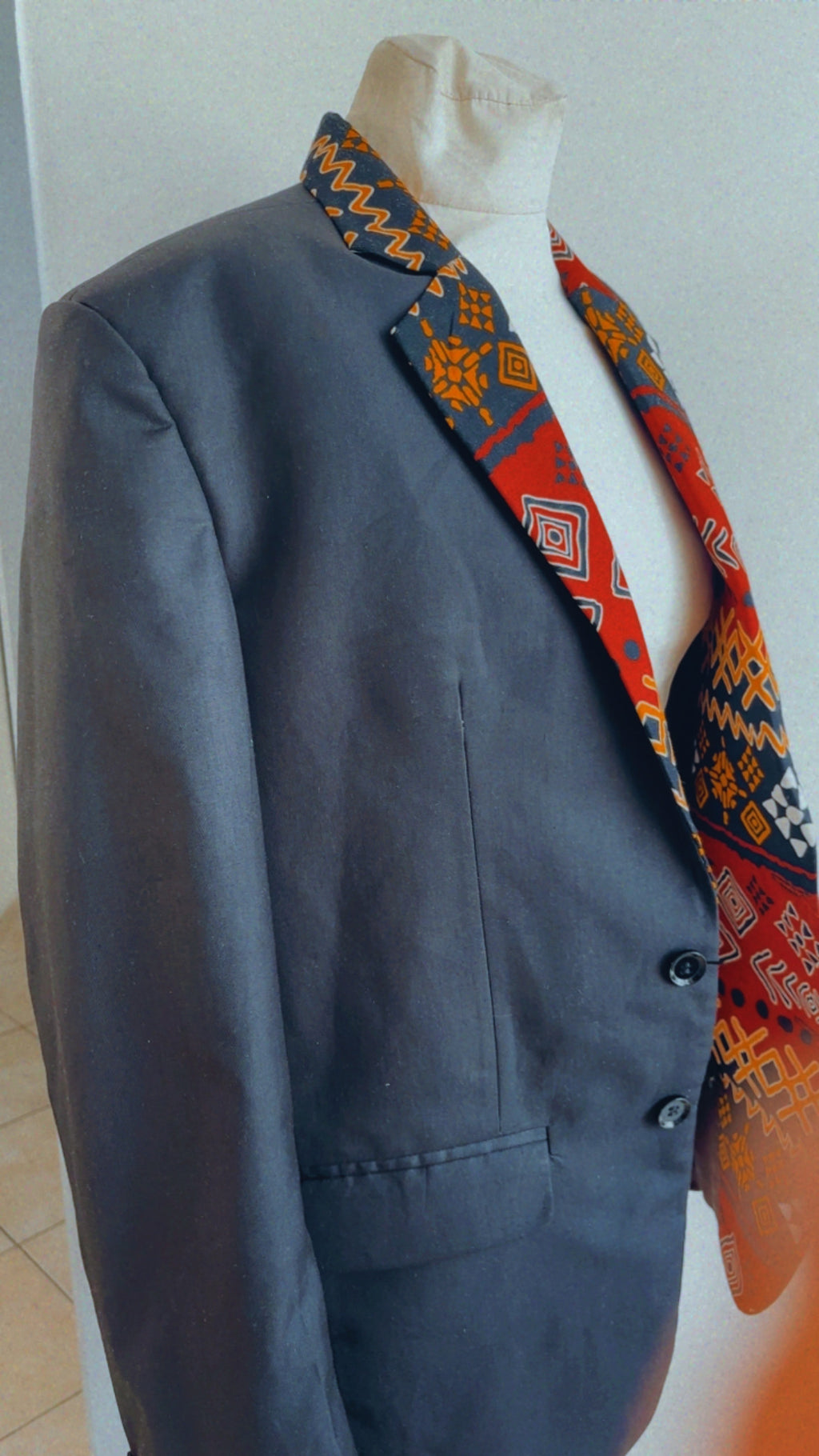 Veste blazer oversize africain noir et revers Wax