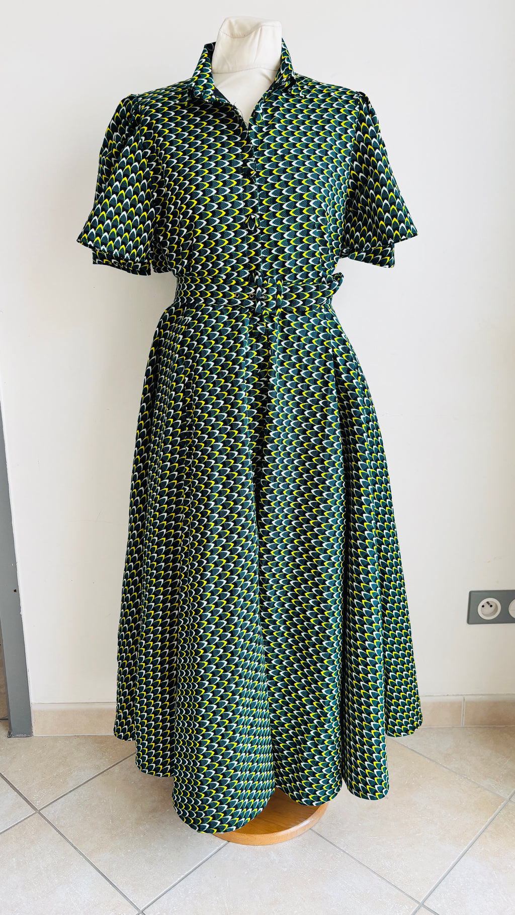 Robe longue en Wax tissu africain vert avec poches