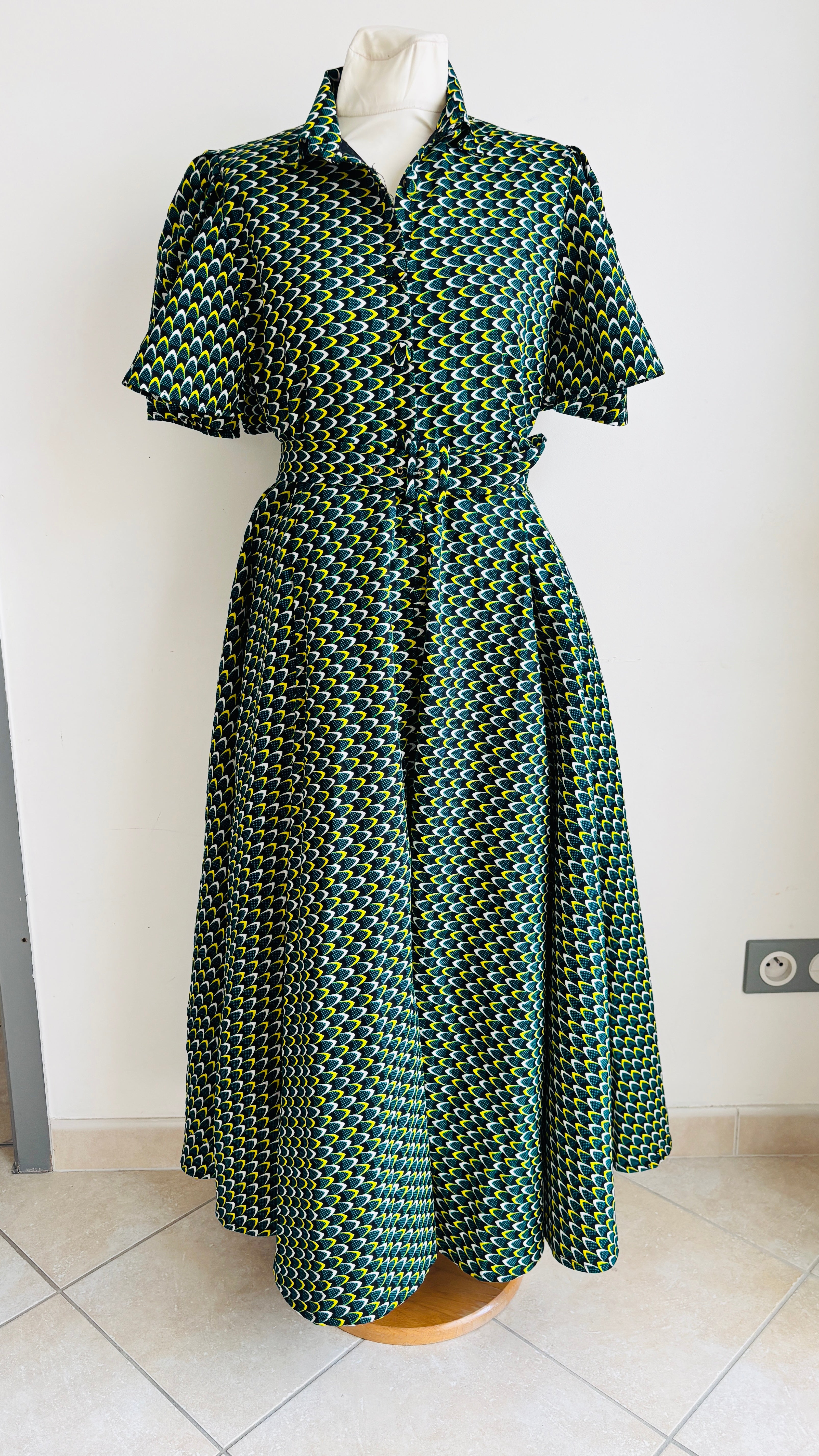 Robe longue en Wax tissu africain vert avec poches