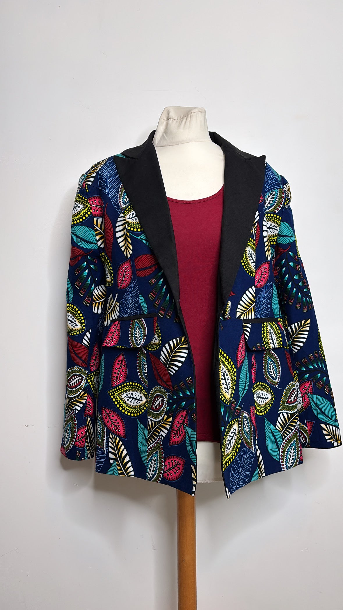 Veste blazer mi long en Wax feuilles tissu africain