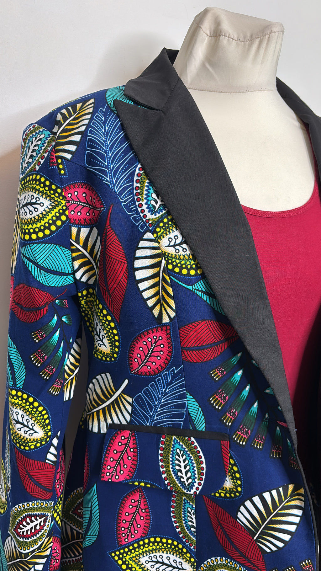 Veste blazer mi long en Wax feuilles tissu africain