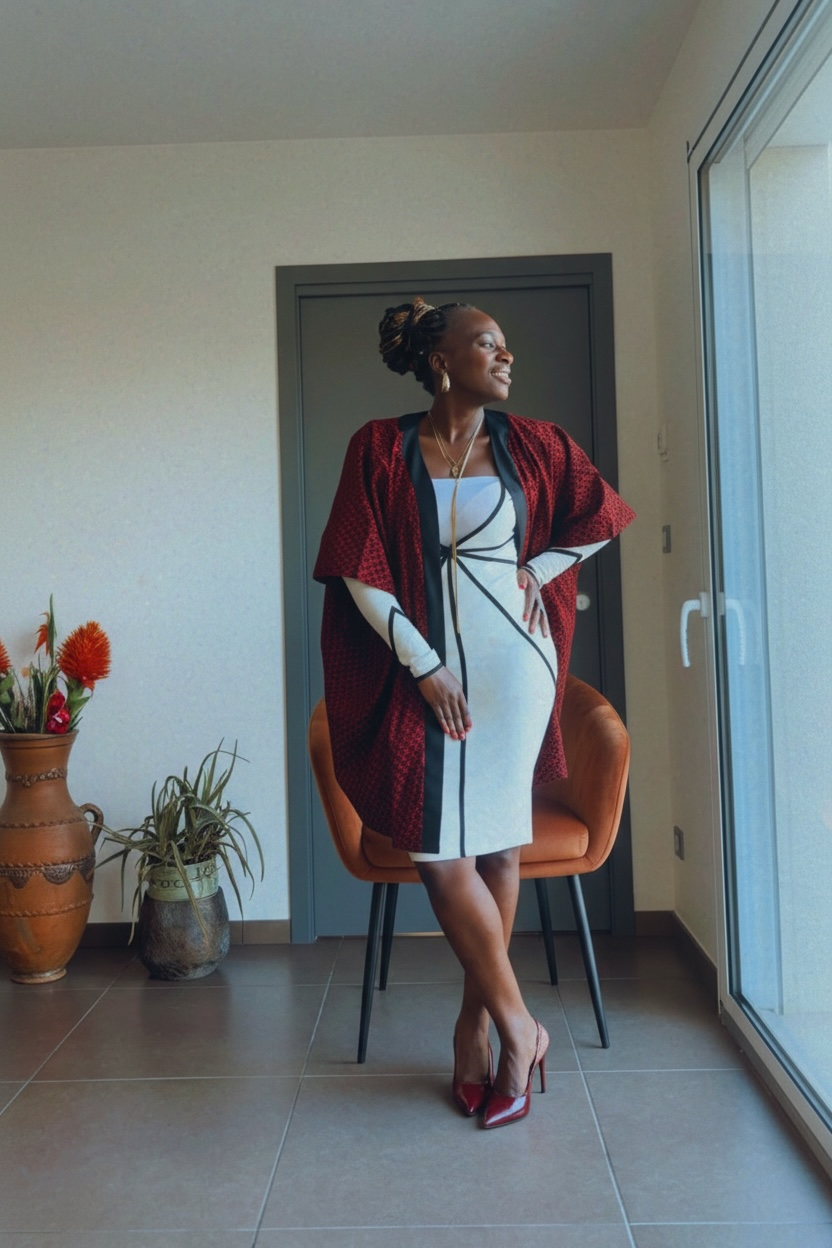 Veste Kimono en Wax motif écailles mi long rouge