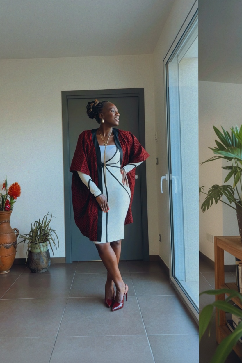 Veste Kimono en Wax motif écailles mi long rouge