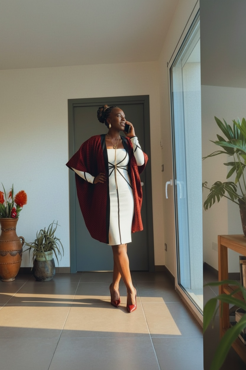 Veste Kimono en Wax motif écailles mi long rouge