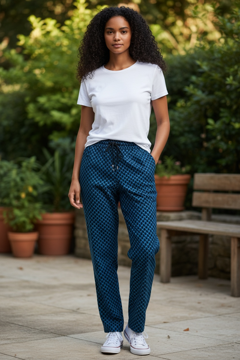 Pantalon Wax tissu africain à motifs  écailles bleus 
