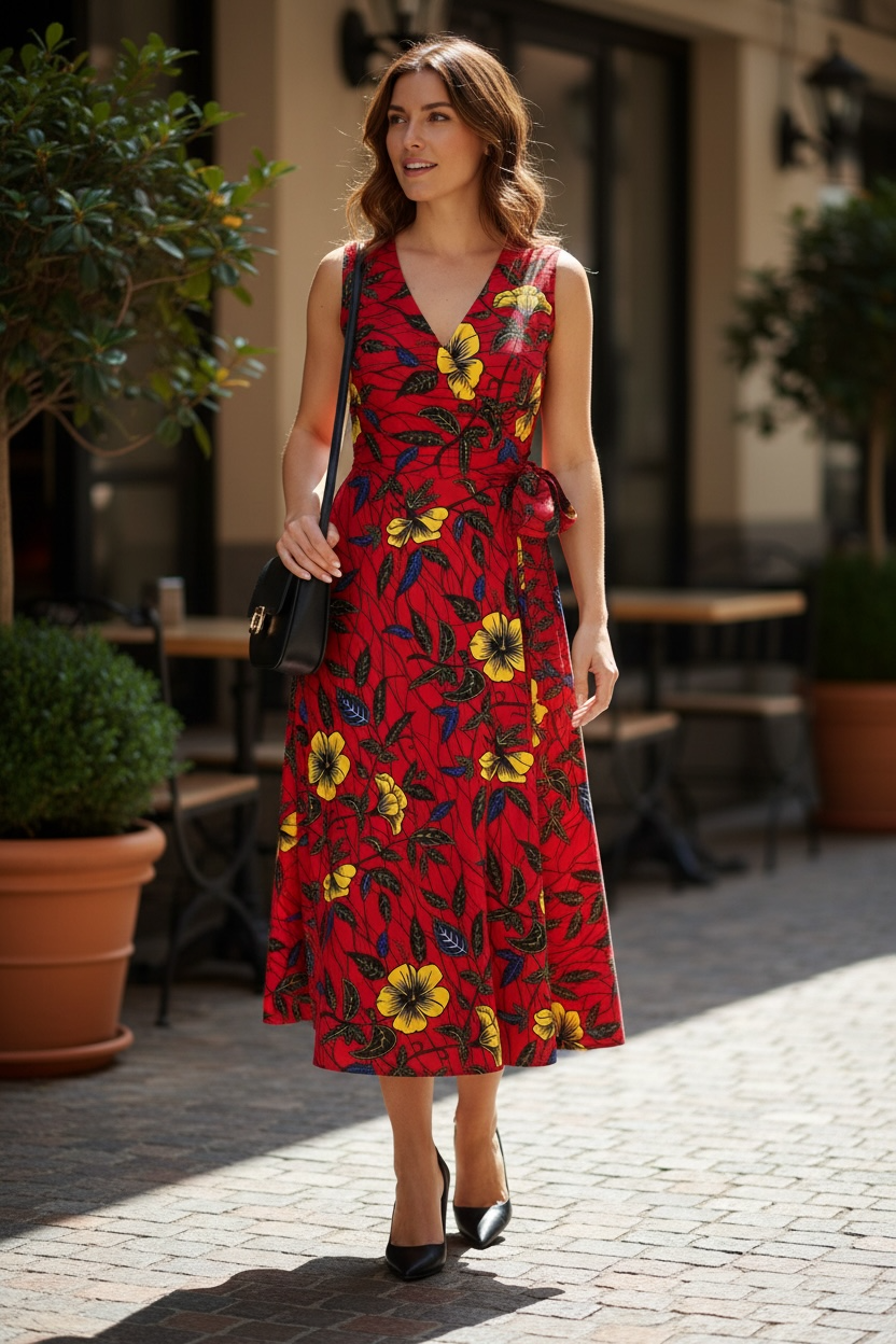Robe croisée portefeuille ajustable en Wax rouge tissu africains à fleurs d’hibiscus 