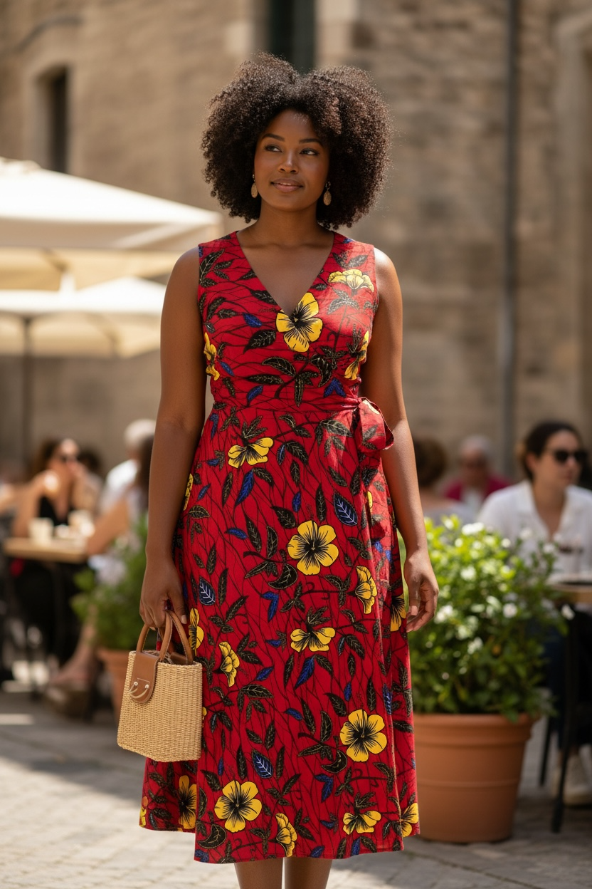 Robe_croisee_portefeuille_ajustable_en_Wax_rouge_tissu_africains_fleurs_d_hibiscus_1