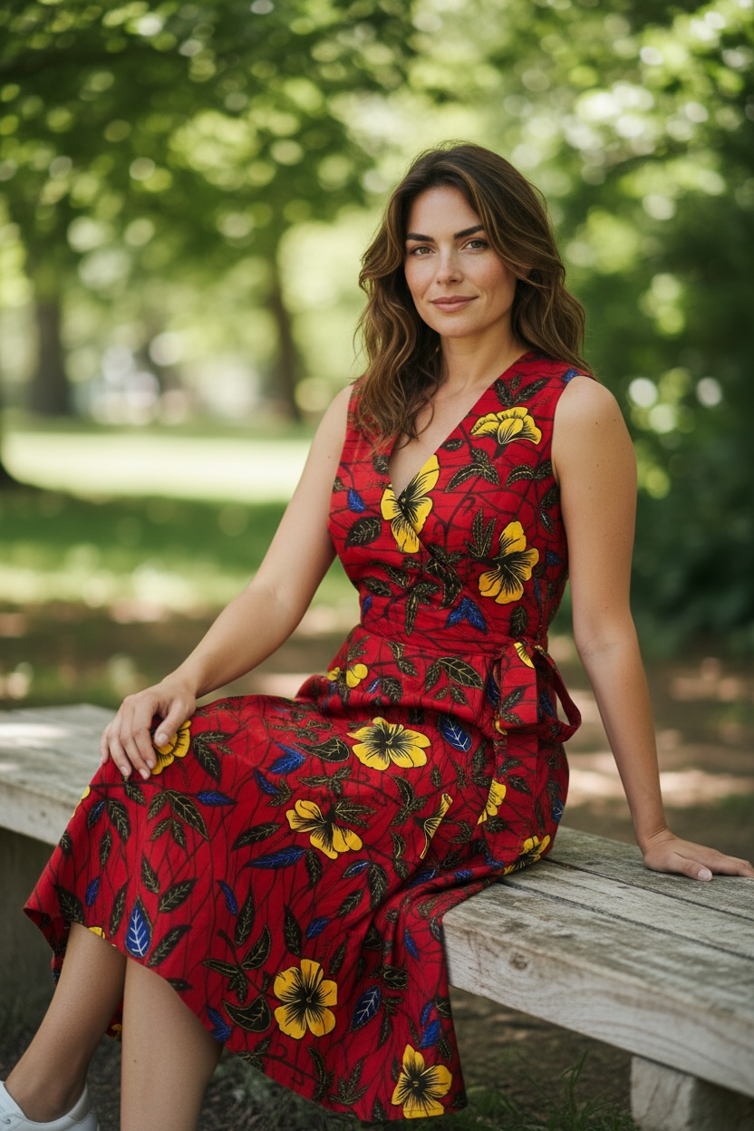 Robe_croisee_portefeuille_ajustable_en_Wax_rouge_tissu_africains_fleurs_d_hibiscus_1