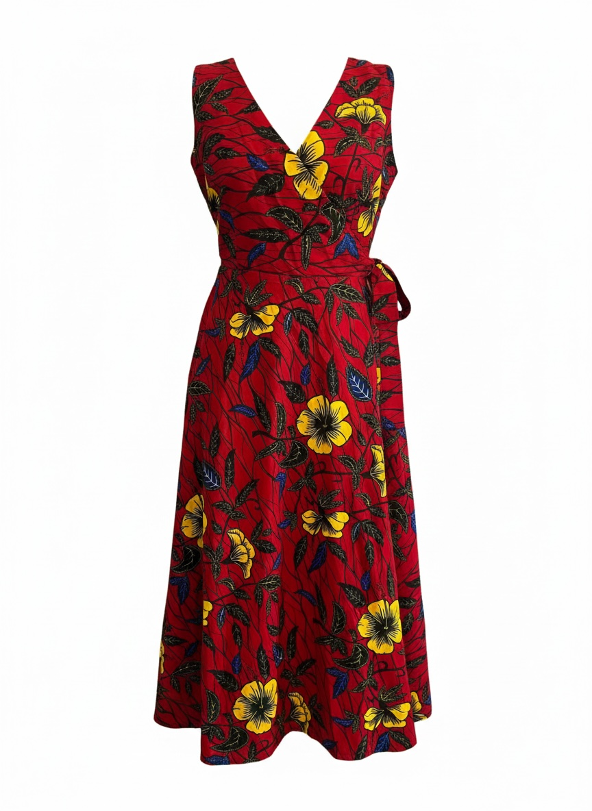 Robe_croisee_portefeuille_ajustable_en_Wax_rouge_tissu_africains_fleurs_d_hibiscus_1